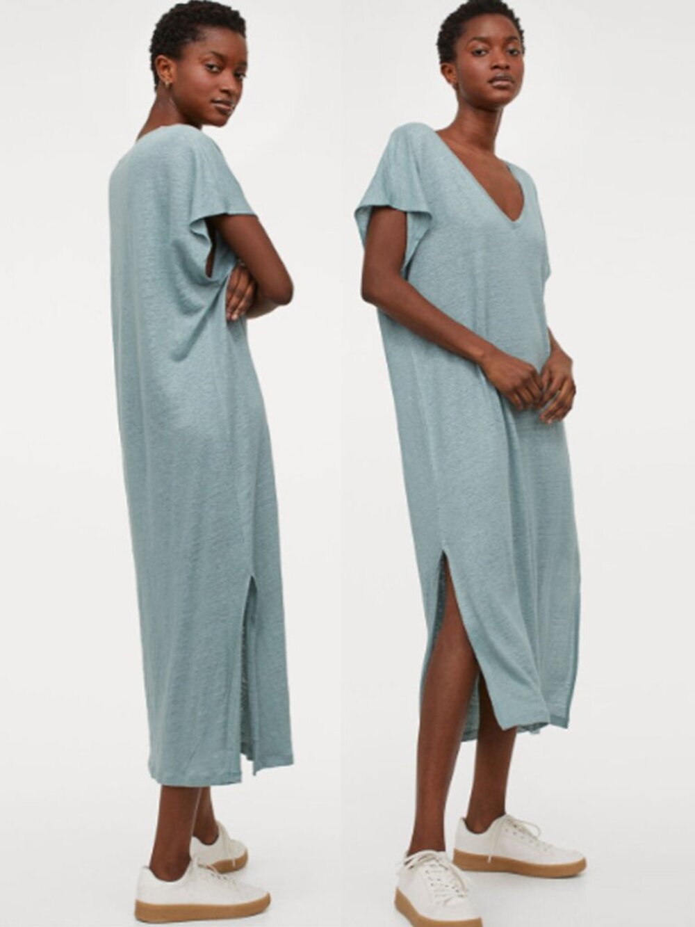 H&M 100% Linen Jersey Tee Shirt Dress Sage Green Relaxed Fit Loose Fit Beachy S